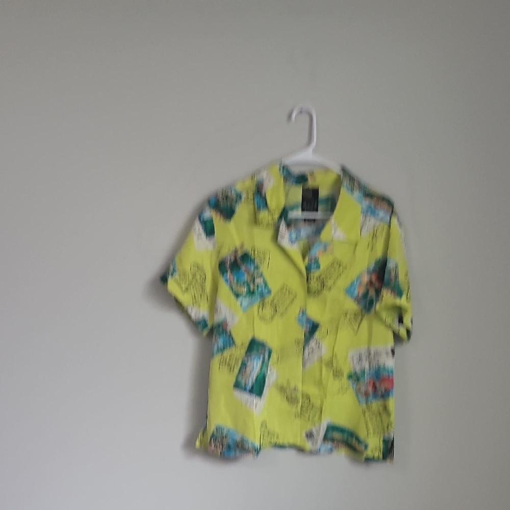 Neon Yellow Tropical Print Short Sleeve Button-Up Top